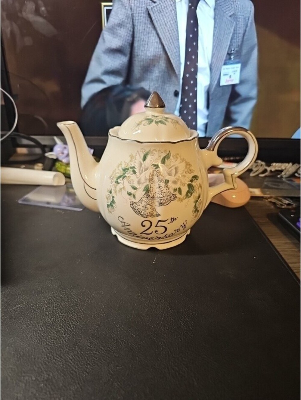 Lefton China 25th Anniversary Teapot Hand-Painted 1136 Wedding Bells Music Box